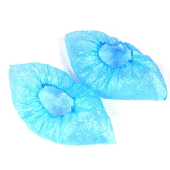 Disposable Outdoor Plastic Shoe Covers for Rain and Floor Protection, 100 Pack - blue disposable shoe covers shown on white background