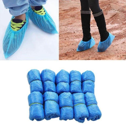 Disposable Outdoor Plastic Shoe Covers for Rain and Floor Protection, 100 Pack shown in blue over shoes and boots, roll-packed for outdoor use
