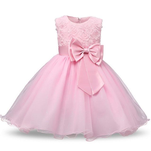 Girls' Sleeveless Lace Dress with Bow-knot and Rose Floral Design