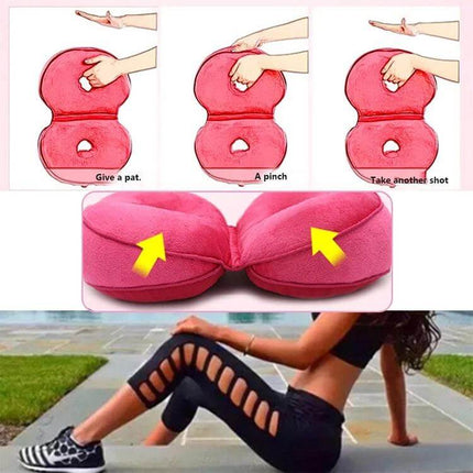 Memory Foam Hip Lift Seat Cushion For Comfortable Everyday Sitting shown in pink double O-shaped design with arrows highlighting hip lift and posture support