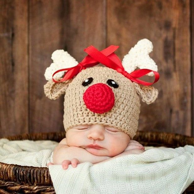 Vêtements de photographie pour enfants Bonnet en laine tricoté à la main en forme de cerf de Noël