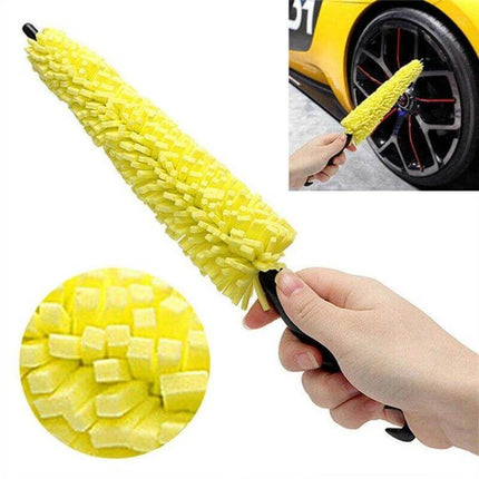Ergonomic Car Wheel Cleaning Brush for Vehicle Maintenance – yellow sponge and plastic wheel brush removing grime from rim and tire