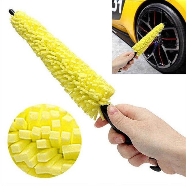 Ergonomic Car Wheel Cleaning Brush for Vehicle Maintenance – yellow sponge and plastic wheel brush removing grime from rim and tire