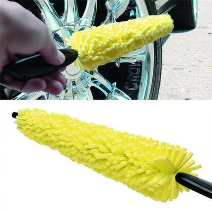 Ergonomic Car Wheel Cleaning Brush for Vehicle Maintenance - yellow sponge and plastic wheel brush shown cleaning chrome rim