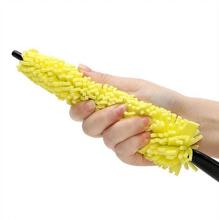 Ergonomic Car Wheel Cleaning Brush for Vehicle Maintenance - yellow sponge and plastic wheel rim brush held in hand
