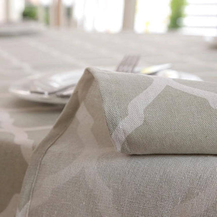 Cotton Gray Lace Tablecloth, Geometric Rhombus Pattern, 140x220cm on dining table showing linen texture and subtle rhombus design