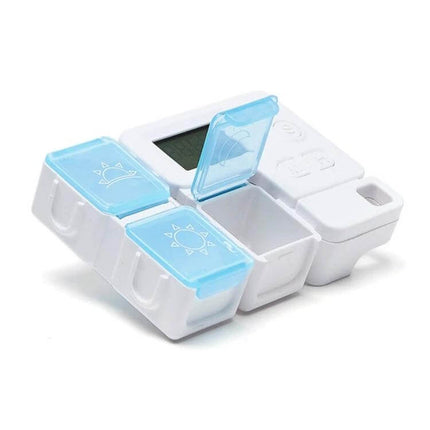 Smart Pill Box Portable Three-Compartment For Daily Medication slim white case with three detachable blue-lidded compartments and digital timer
