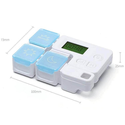 Smart Pill Box Portable Three-Compartment For Daily Medication - compact white timer case with three detachable blue compartments (morning, noon, evening)