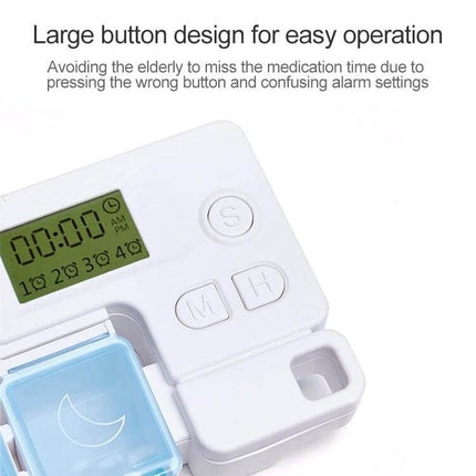 Smart Pill Box Portable Three-Compartment For Daily Medication - white compact pill organizer with large buttons and LCD timer, detachable blue evening compartment