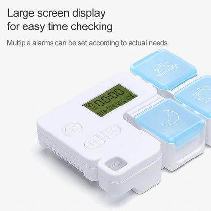 Smart Pill Box Portable Three-Compartment For Daily Medication with large screen display, multiple alarms and detachable morning/noon/evening compartments
