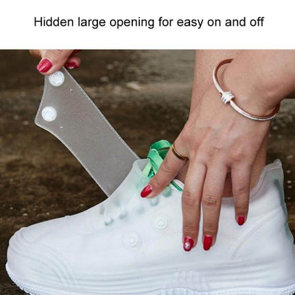 Low Toe Waterproof Shoe Covers for Men and Women Rain Protection - white PVC low toe cover being slipped over sneaker with hidden opening for easy on and off