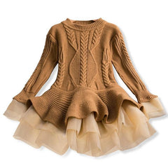 Charming Winter Knit Long Sleeve Organza Dress for Girls