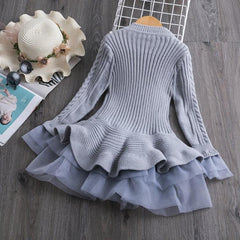 Charming Winter Knit Long Sleeve Organza Dress for Girls