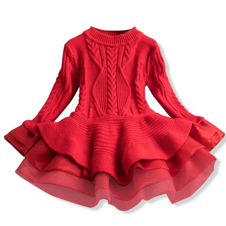 Charming Winter Knit Long Sleeve Organza Dress for Girls