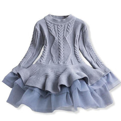 Charming Winter Knit Long Sleeve Organza Dress for Girls