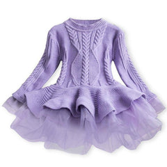 Charming Winter Knit Long Sleeve Organza Dress for Girls