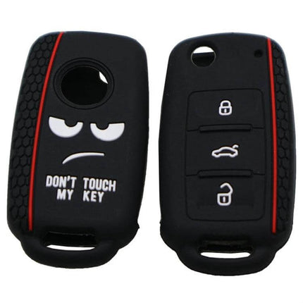 Do Not Touch My Key Style Silicone Car Key Cover For Volkswagen Jetta - black 3-button VW key cover with "Don't Touch My Key" face design