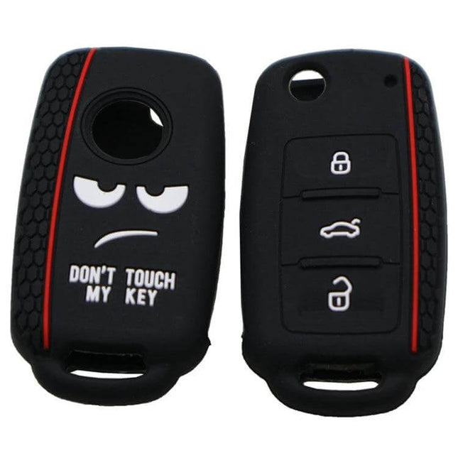 Do Not Touch My Key Style Silicone Car Key Cover For Volkswagen Jetta - black 3-button VW key cover with "Don't Touch My Key" face design