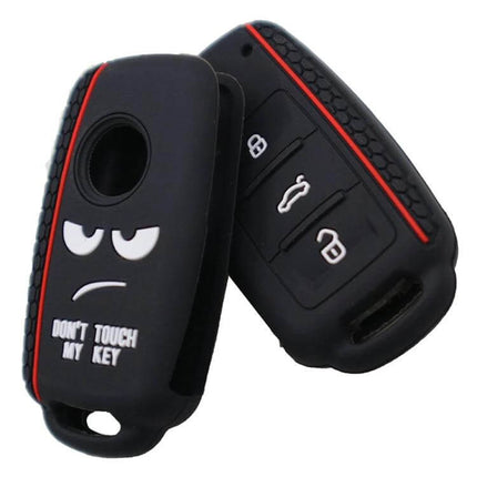 Do Not Touch My Key Style Silicone Car Key Cover For Volkswagen Jetta - black 3-button VW silicone key fob cover with angry face, red trim