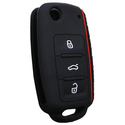 Do Not Touch My Key Style Silicone Car Key Cover For Volkswagen Jetta - black 3-button silicone VW/Skoda key cover with red trim protecting Jetta key