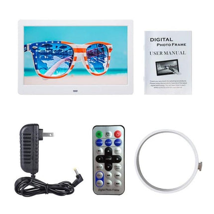 Compact 10.1 Inch LED Digital Photo Frame for Displaying Photos and Videos - white frame with remote, power adapter, USB/SD support