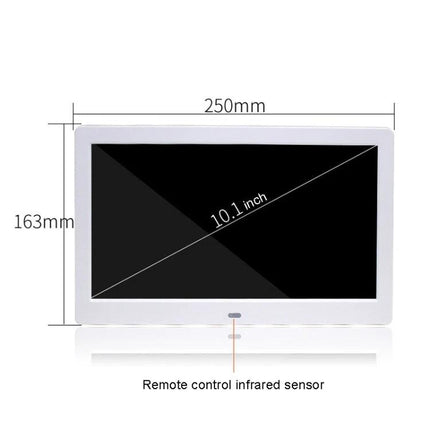 Compact 10.1 Inch LED Digital Photo Frame for Displaying Photos and Videos - white frame with 10.1" screen, 250mm x 163mm dimensions and remote sensor