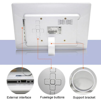 Compact 10.1 Inch LED Digital Photo Frame for Displaying Photos and Videos - rear view showing SD/USB ports, control buttons and support bracket