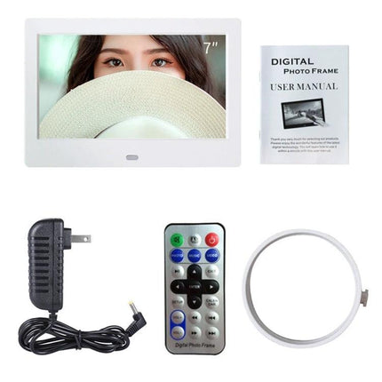 White 7 Inch Digital Photo Frame for Displaying Photos and Videos with remote, power adapter and user manual