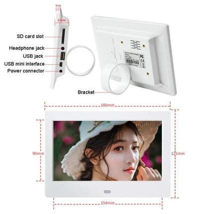 7 Inch Digital Photo Frame for Displaying Photos and Videos showing a white frame with 720P video playback, SD/USB ports, clock display and 180x125mm dimensions