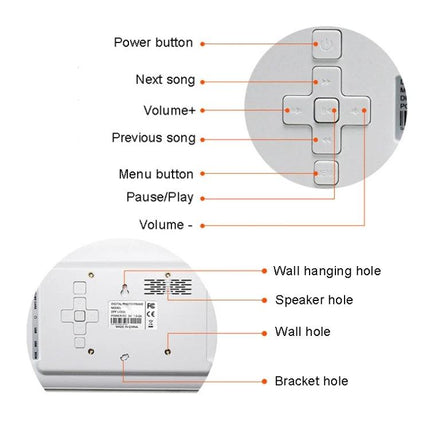 7 Inch Digital Photo Frame for Displaying Photos and Videos showing labeled control buttons, speaker, wall hanging holes and bracket hole