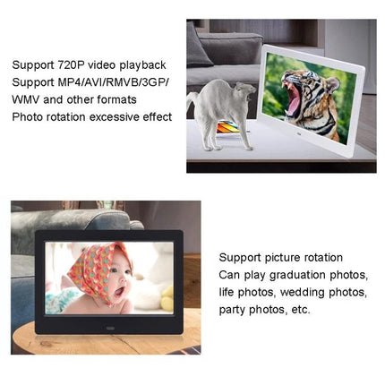 7 Inch Digital Photo Frame for Displaying Photos and Videos showing 720P video playback and slideshow of family and wedding photos