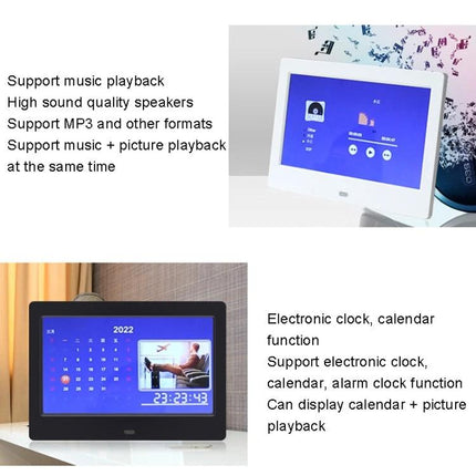 7 Inch Digital Photo Frame for Displaying Photos and Videos showing music playback, calendar, clock and 720P video support