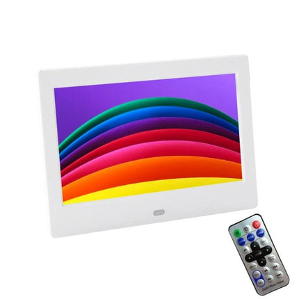 7 Inch Digital Photo Frame for Displaying Photos and Videos showing colorful image on white frame with remote control and time/date display