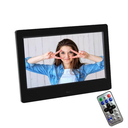 7 Inch Digital Photo Frame for Displaying Photos and Videos showing a smiling woman photo on screen with included remote and time/date display