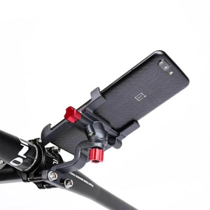 Promend Bike Phone Holder For Everyday Riding 360 Rotating Eagle Claw mounted on bike handlebar holding smartphone with red adjustment knobs