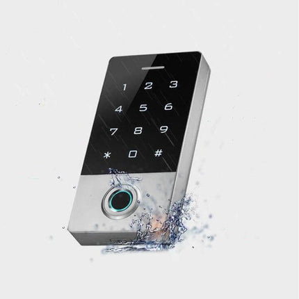 Waterproof Fingerprint and Password Door Access Controller with illuminated keypad and fingerprint reader splashing water
