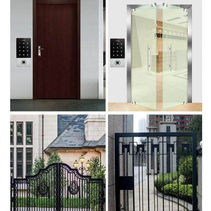 Waterproof Fingerprint and Password Door Access Controller mounted beside wooden, glass doors and outdoor gates for secure entry