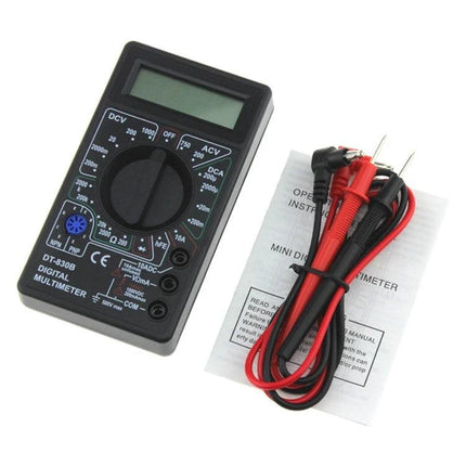Mini Digital Multimeter for Everyday Electrical Testing compact unit with LCD, probes and manual for household and automotive diagnostics