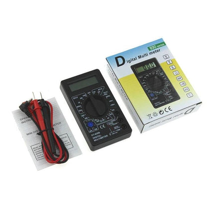 Mini Digital Multimeter for Everyday Electrical Testing with probes, instruction manual and packaging, compact LCD meter for voltage current resistance