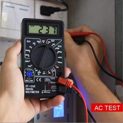 Mini Digital Multimeter for Everyday Electrical Testing measuring AC voltage 237V on home outlet with probes for quick diagnostics