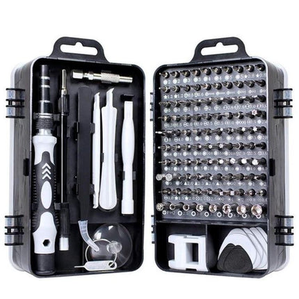 Versatile 110-Piece Magnetic Screwdriver Set for Device Repair organized case with bits, magnetic driver, pry tools and accessories