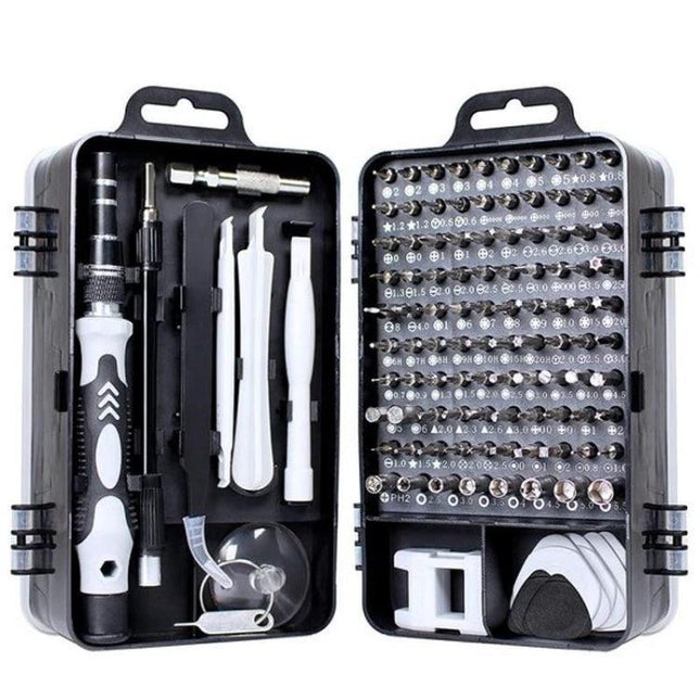 Versatile 110-Piece Magnetic Screwdriver Set for Device Repair organized case with bits, magnetic driver, pry tools and accessories