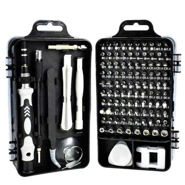 Versatile 110-Piece Magnetic Screwdriver Set for Device Repair compact case with bits, precision screwdrivers and pry tools