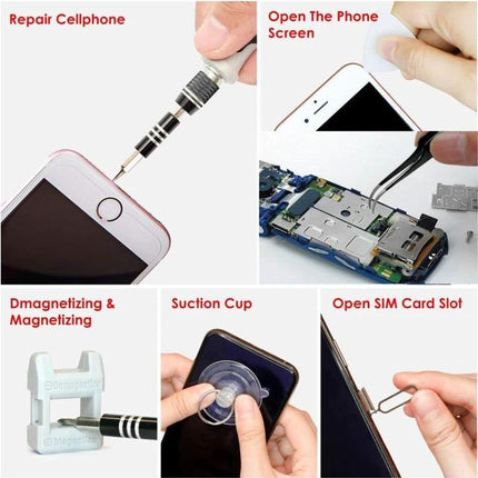Versatile 110-Piece Magnetic Screwdriver Set for Device Repair showing smartphone repair steps with bits, suction cup, tweezers and SIM eject tool