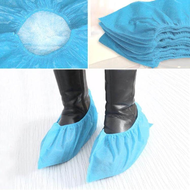 Disposable Non-Woven Shoe Covers for Indoor Floor Protection, 100 Pack - blue disposable non-woven shoe covers on boots keeping floors clean