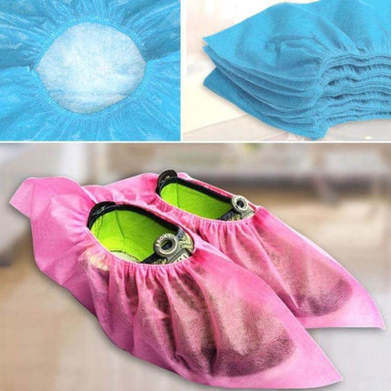 Disposable Non-Woven Shoe Covers for Indoor Floor Protection, 100 Pack - Pink disposable shoe covers protecting floors from dirt and debris