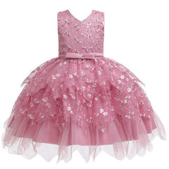 Girls' Tutu Dress with Irregular Hem, Embroidered Beaded Details, and Bow-knot Sleeves