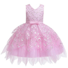 Girls' Tutu Dress with Irregular Hem, Embroidered Beaded Details, and Bow-knot Sleeves