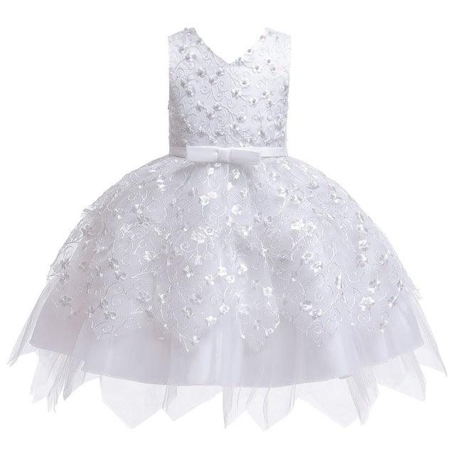 Girls' Tutu Dress with Irregular Hem, Embroidered Beaded Details, and Bow-knot Sleeves