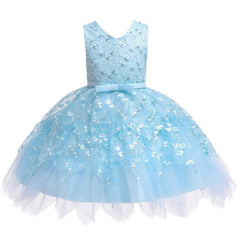 Girls' Tutu Dress with Irregular Hem, Embroidered Beaded Details, and Bow-knot Sleeves